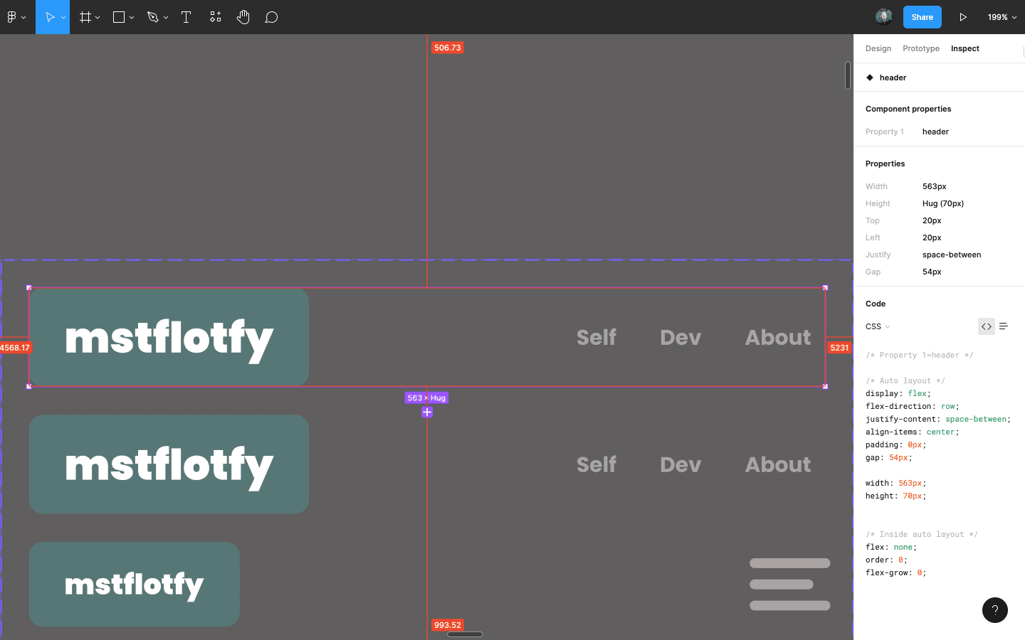 Figma's code inspector panel showing CSS code for the header design