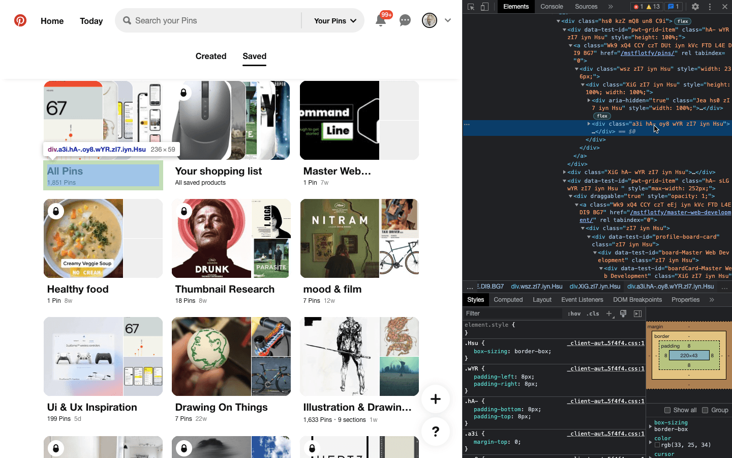 Pinterest boards page with code inspector open. The div holding the text is highlighted and its dimensions are "236*50"