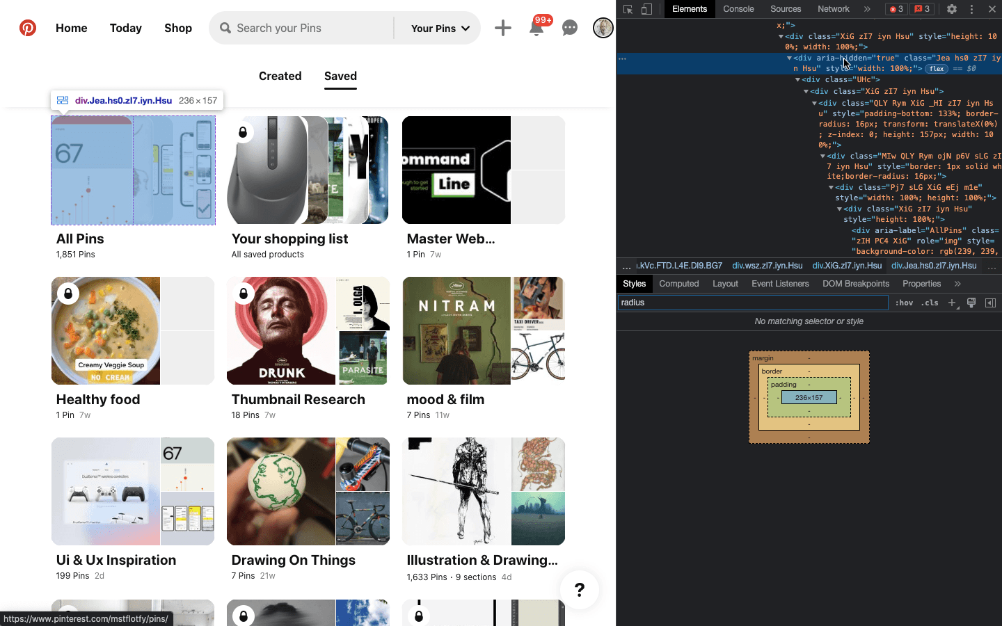 Pinterest's board page. image stack's code is selected and its dimension are shown (236*157px)