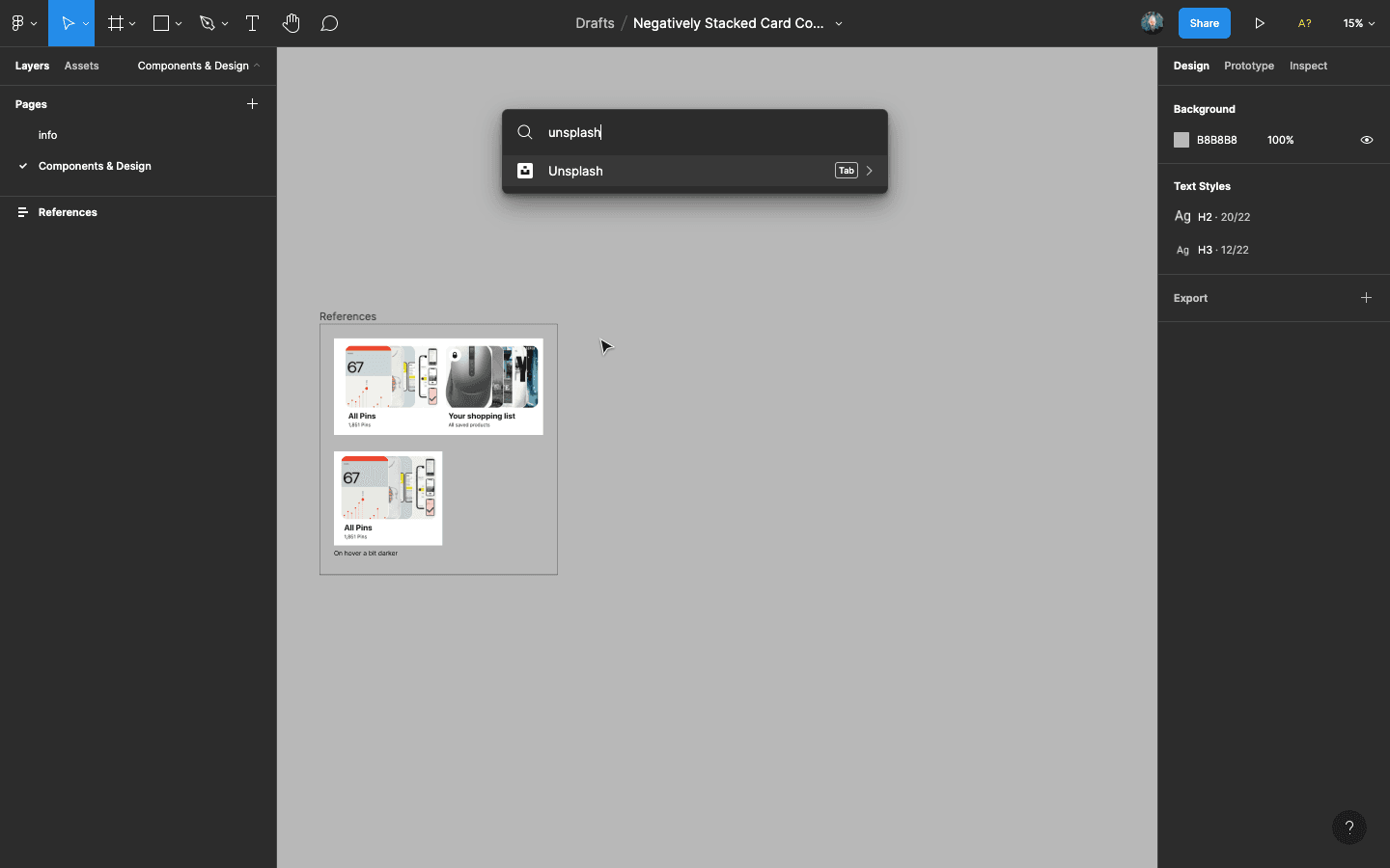 a search bar over the Figma canvas with Unsplash written in it