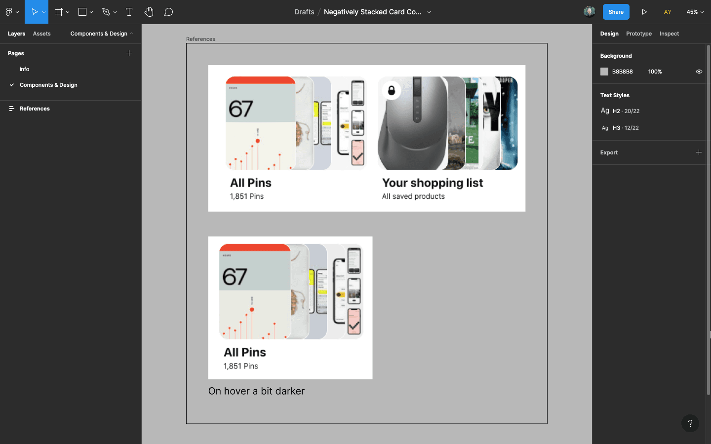 2 screenshots of multiple cards with text below them, inside a Figma file.