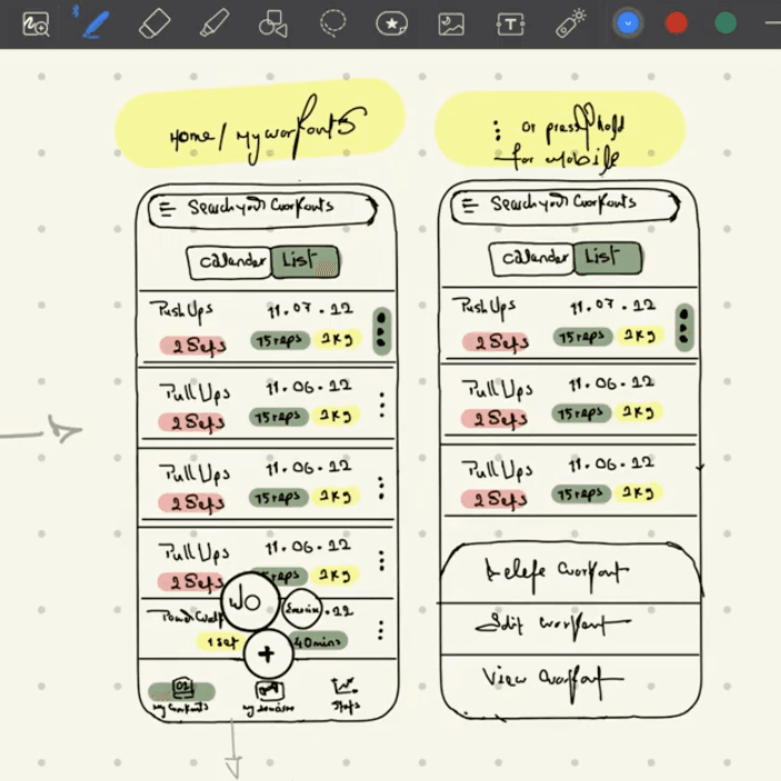 Hand-drawn Wire frame of my app with FAB