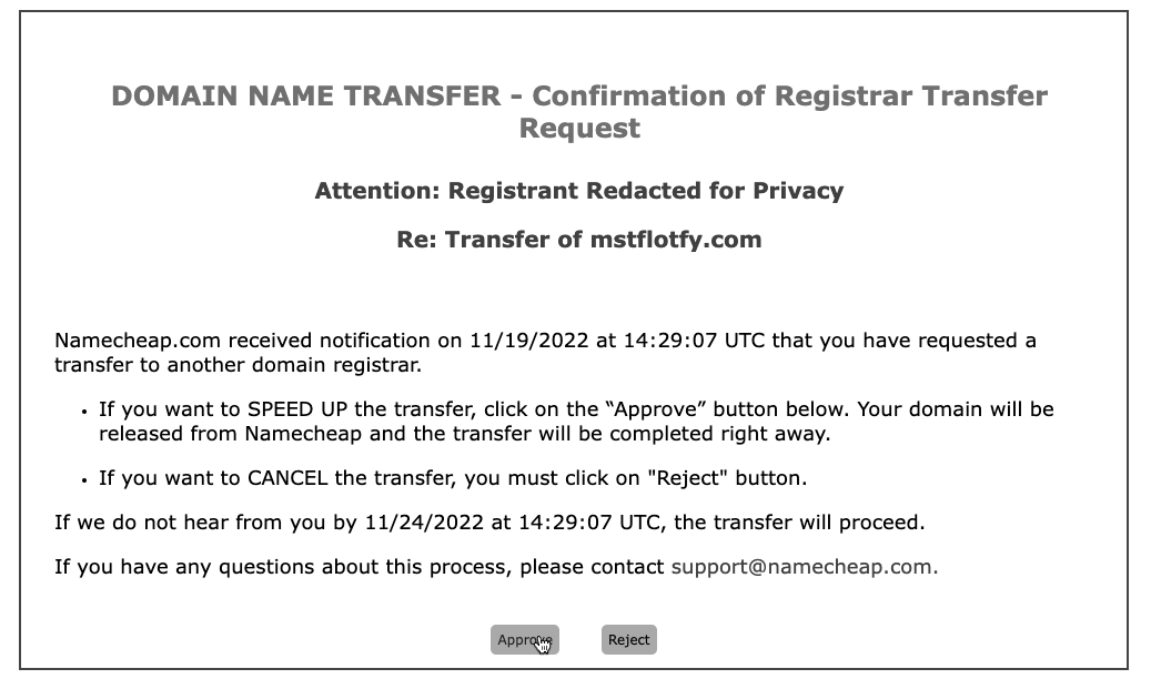 Final confirmation to speed up domain name transfer from Namecheap