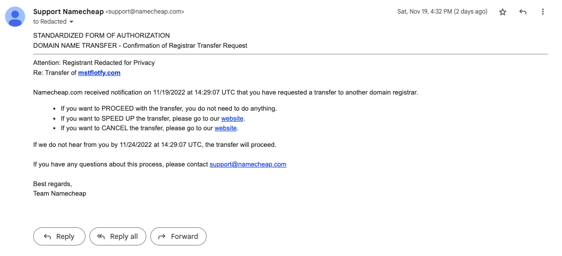 an email received from name cheap to confirm the transfer process