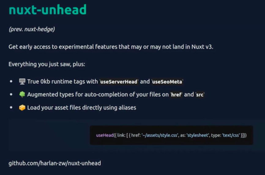 Nuxt-unhead get early access to experimental features at github.com/harlan-zw/nuxt-unhead