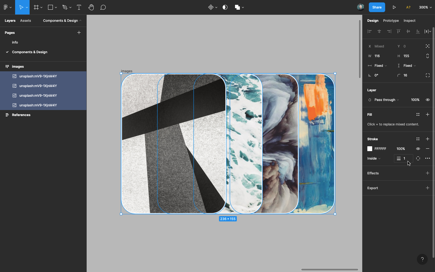 4 negatively stacked images inside Figma each with a solid white stroke of 1px.