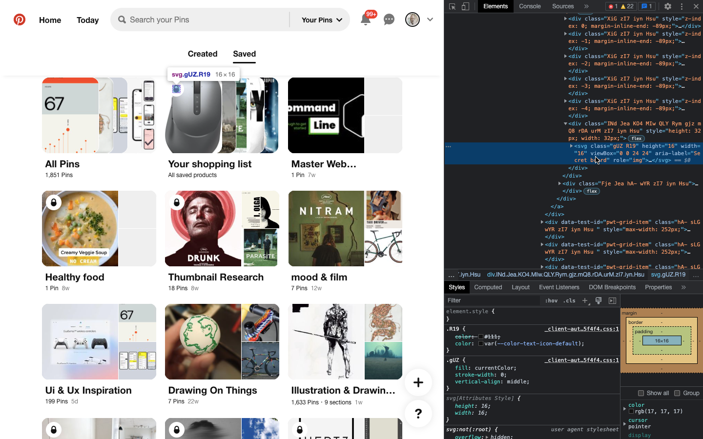 Pinterest boards page is shown. Code inspector is open on the right. SVG icon is selected to be copied.