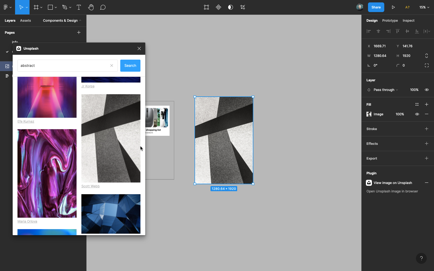 Unsplash plugin hovering above figma's canvas and image dropped inside the canvas