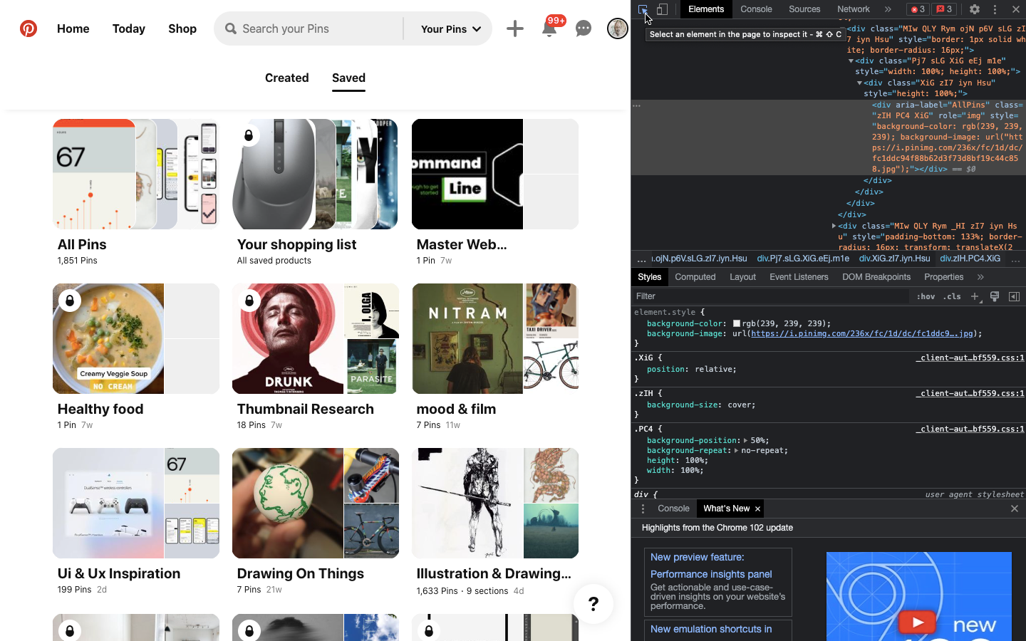 Page is split between code and Pinterest's board page