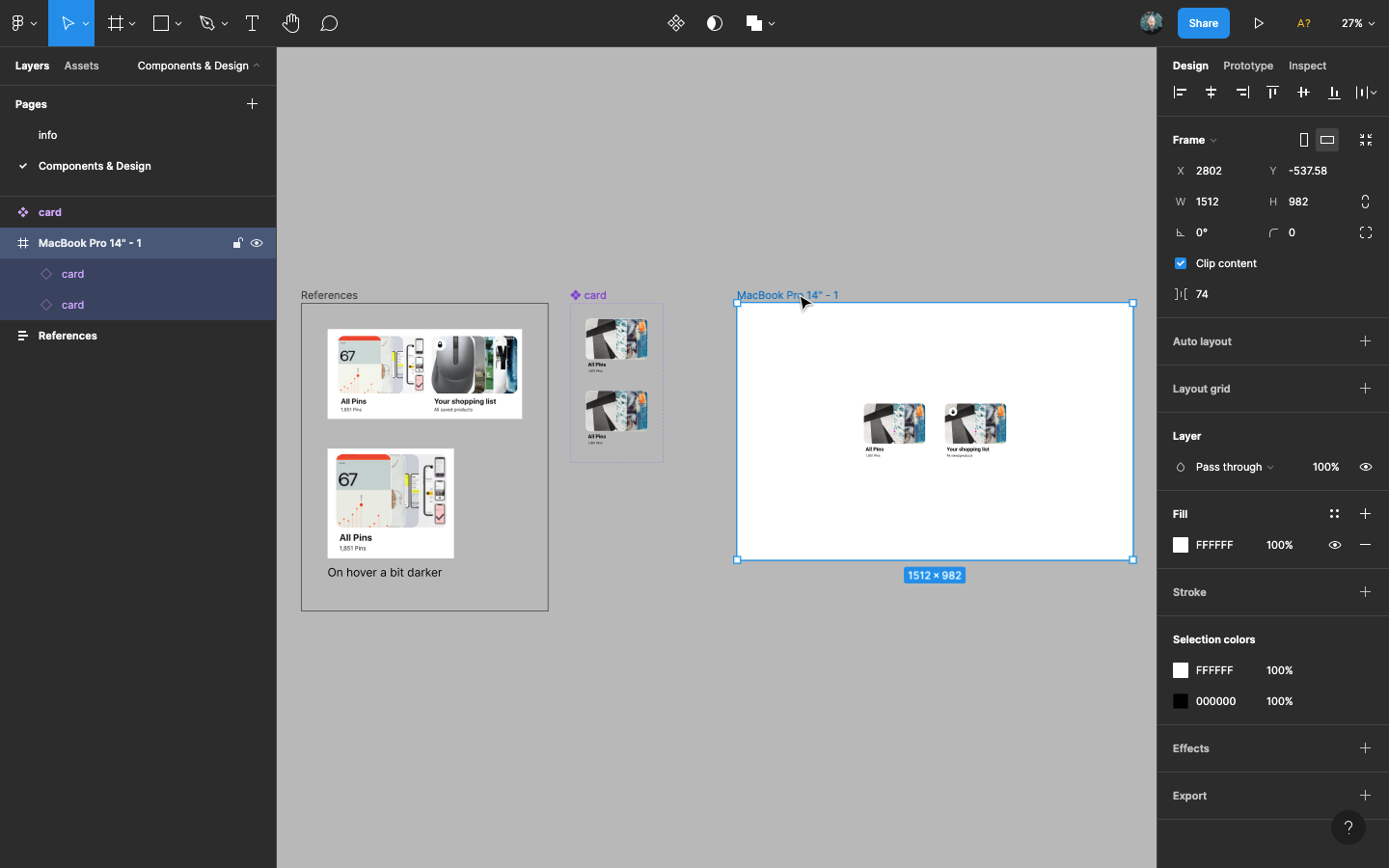 full Figma design page is shown with references, components, and frame to present.