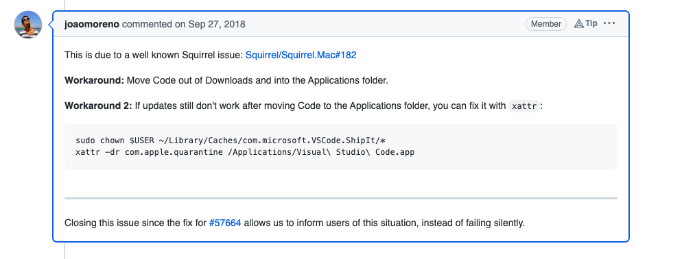 The link states that it's due to a well-known Squirell issue. And the workaround is to move the VSC app from the downloads to the Applications folder or run the code below