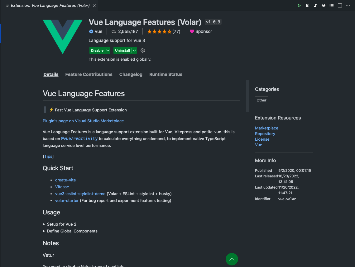 Volar(Vue Language Features) installed and enabled in VSC