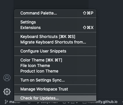 VSCode settings icon clicked. A menu pops up with a "check for updates..." option, that is about to be clicked